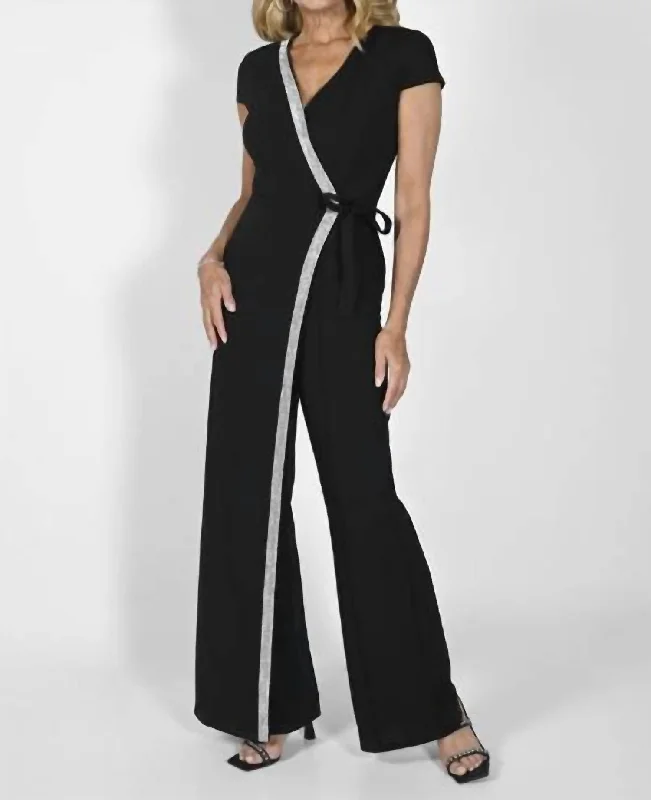 Cross Front Rhinestone Jumpsuit In Black