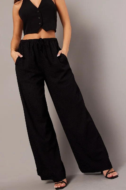 Black Wide Leg Pants High Rise Textured Fabric