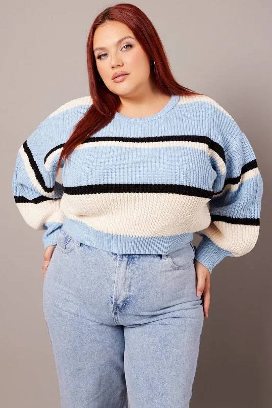 Blue Stripe Knit Jumper Long Sleeve Round Neck