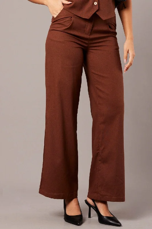 Brown Wide Leg Pants High Rise