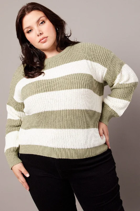 Green Stripe Knit Jumper Long Sleeve Crew Neck